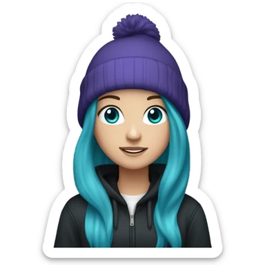 White girl, blue eyes, long teal hair, purple beanie hat, black hoodie, blue jeans, black shoes sticker