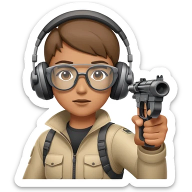 A focused shooter in protective headphones and special glasses, aiming precisely at a target. The setting includes a shooting range with clear markers and a calm, controlled environment, emphasizing concentration, accuracy, and the discipline of the sport sticker