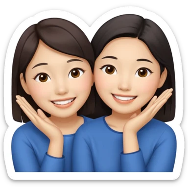 Two happy asian women beside each other touching their cheek sticker