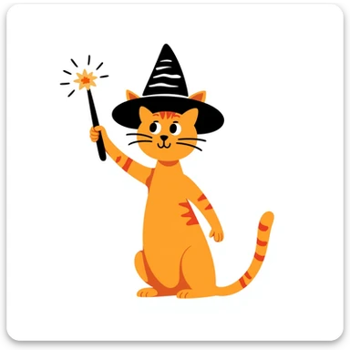 Orange cat wearing a pointy wizard hat and casting a spell with a magic wand sticker