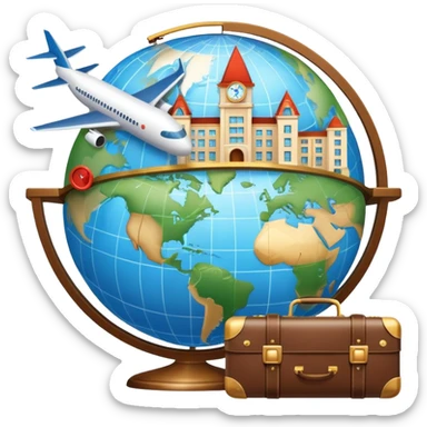 An icon featuring a hotel building, and a globe, symbolizing the scientific study of tourism and hospitality. The design includes a map, a plane and train, a compass, and a checklist, representing travel planning and service management. Transparent background sticker