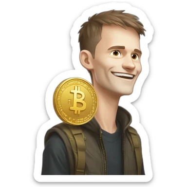 Vitalik hits himself on the head with Ether coins, wearing a sarcastic smile sticker