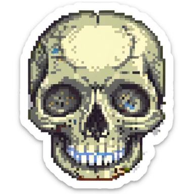 a dead skull winking, pixel art style sticker