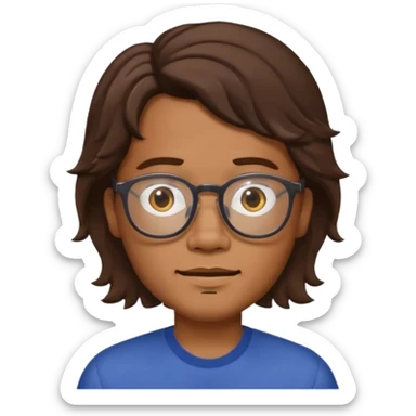 Filipino male, with goatie, wearing glasses, medium wavy length hair, brown sticker