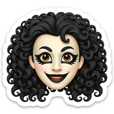 generate theatre mask emoji with a big curly black hair 

wide black coloured smile, long and pointy white nose with no nostrils, pitch black eyes sticker