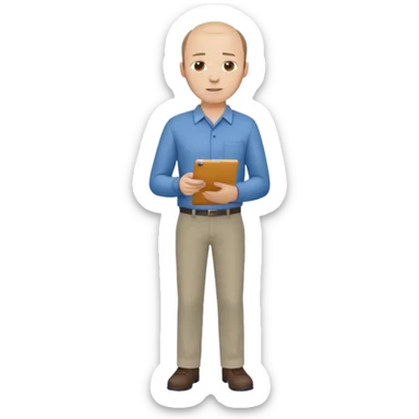 man mid 30's shirt and trousers balding hairline standing holding a clipboard sticker