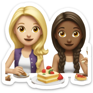 Blonde and brunette, white girls eating brunch. The brunette has a birthday party hat on  sticker