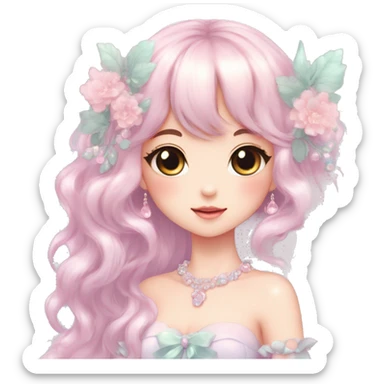 Dreamy pretty elegant kawaii shiny blushing shy anime pastel lady kawaii beautiful hair naturecore fairycore cottagecore jewels trending aesthetic full body sticker