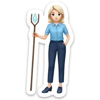 female smart light blue blouse, dark trousers, shoes. one hand holding a stick sticker