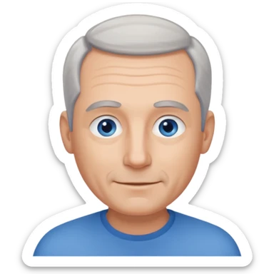 Middle aged man with receding grey hair and no beard, blue eyes, shy smile sticker