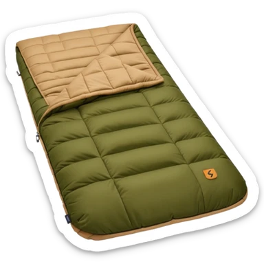 sleeping bag in blue/yellow to olive & tan (#7D7A52 / #E1C699). sticker