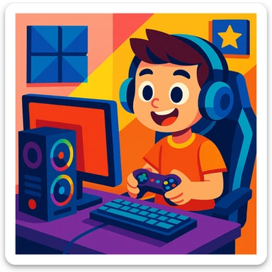 a young boy with a gaming setup, modern and fun, vibrant, playful, colorful, energetic sticker