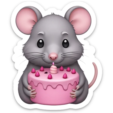 Sad rat holding a pink cake sticker