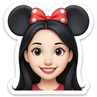 smiling girl with long black hair wearing Mickey Mouse ears from Disney world sticker
