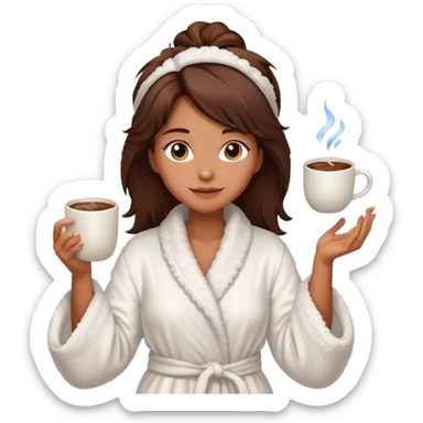 {
      "type": "human",
      "look": "fluffy robe woman, messy hair, holding cup of cocoa",
      "description": "a woman in a fluffy robe with messy hair, holding a cup of cocoa"
    } sticker
