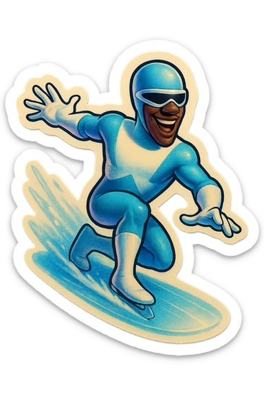 Frozone style superhero, sliding on ice, playful expression, vintage sticker look, retro sticker style sticker