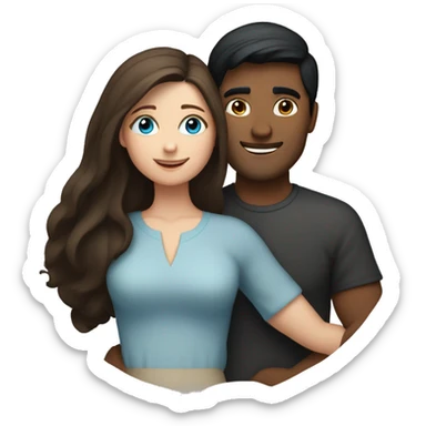 Couple embracing with arms around each other; white woman with blue eyes and brown hair, Indian man with black hair  sticker