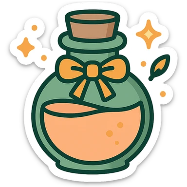 "A cute potion bottle with a whimsical and cozy design, featuring soft and warm colors: golden orange (FA9B41), deep forest green (4A7C5C), muted taupe brown (96775A), and pastel peach (FFCC9A). The bottle is small, round, and slightly vintage in style, with a cork stopper and a delicate ribbon tied around its neck. The potion inside glows faintly with a peachy-orange hue. Surroundings include soft lighting and a magical atmosphere, possibly with sparkles or tiny floating leaves, emphasizing a warm and enchanting mood. The style is charming, storybook-like, and detailed." sticker