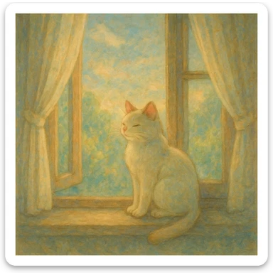 cat sitting on a windowsill, dreamy lighting, soft painterly textures, whimsical and peaceful, Ghibli style sticker
