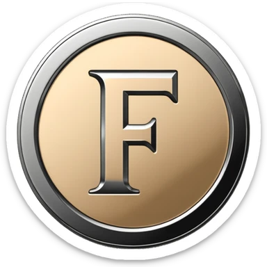 Emoji icon of a metal coin with engraved letter F, minimalist style, isolated, only black color sticker