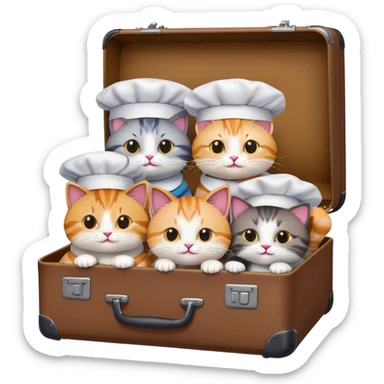 a group of cats, all but one wearing chef hats, sitting together inside a big suitcase, emoji style sticker