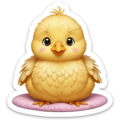Cinematic round fluffy chick, golden yellow, tiny beak and feet, soft downy feathers, sparkling gentle eyes, sitting on a pastel-colored cushion, radiating warmth and sweetness. sticker