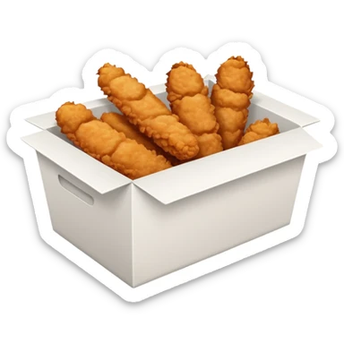 a frontal rectangular white box with no lid, filled with crispy fried chicken fingers sticker