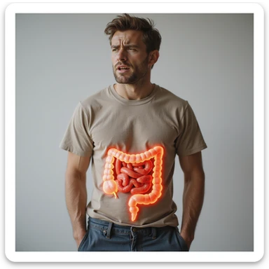 realistic adult man with simple clothing, suffering expression, transparent intestine highlighted with red swollen inflamed areas, symbol of sugar-induced inflammation, reddened skin, atmosphere of discomfort, neutral background, 4K quality sticker