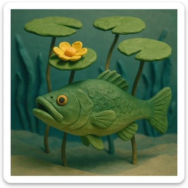 underwater scene with a bass and lily pads, soft lighting, textured look, claymation style sticker