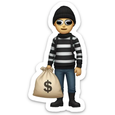 Thief wearing mask, striped shirt and black beanie, holding a sack of money behind his back. Just the top part sticker