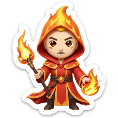 Clash of Clans aesthetic: Cinematic Ferocious Fire Mage Hero closeup Emoji, rendered in a 3D vector-style similar to standard emojis with minimal shading and bold, simplified shapes. A compact, isometric figure draped in flowing, charred and ember-lined robes, wielding a fiery staff crackling with intense flames. Eyes burning with an infernal glow, exuding raw, untamed power. Simplified yet unmistakably iconic, highly detailed and consistent, glowing with a fiery, molten radiance and high shine. Stylized with a touch of menacing sorcery and a searing, ember-infused outline, capturing the essence of a wrathful mage ready to unleash devastating fire magic! sticker