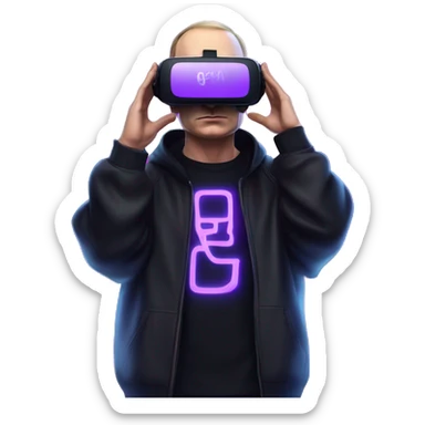Putin wearing a black hoodie with "OMG" letters on it and VR headset oculus quest 2 in a cyberpunk VR environment with violet neon lighting. sticker