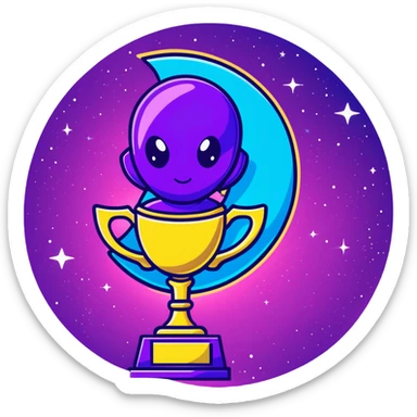 Alien award trophy with aurora-like cosmic colors, deep space purples and blues, gleaming with stardust sticker