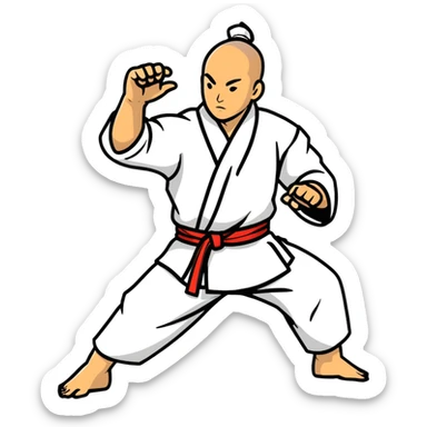 Martial artist in dynamic kung fu pose, wearing traditional loose outfit with sash sticker