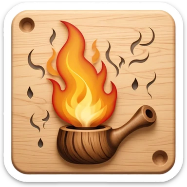 Pyrography icon, burning tool creating a detailed design on wood, visible heat marks and intricate patterns forming, smoke rising, wood texture, minimalistic style, clean lines, transparent background. sticker