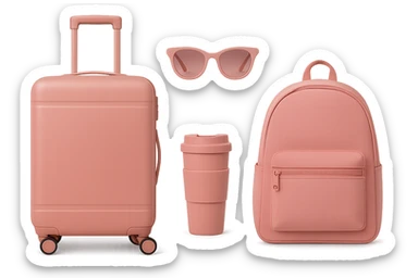themed pink travel with pink suitcase, pink travel mug, pink sunglasses, pink backpack, all matching, stylish sticker