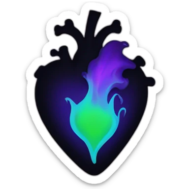 Black heart with purple and green flame inside sticker