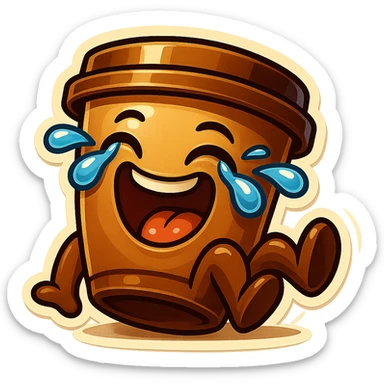 Tall coffee cup, laughing hard, tears in eyes, rolling on ground, dramatic laugh sticker