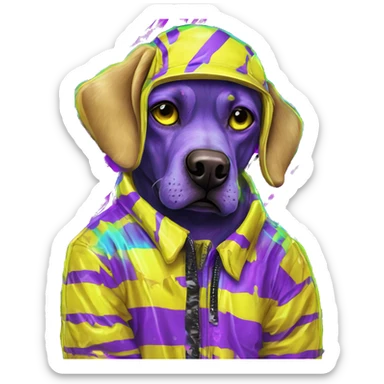 .Zombie_ Vaporwave black holographic oilslick zombie yellow Labrador zombie dog yellow caution tape graffiti stripes iridescent blue purple mane yellow stripes sticker