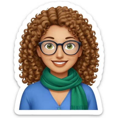 40 yr old Iranian woman, light brown very curly thick hair, shoulder length hair, green eyes, tan skin, big smile, big glasses, blue dress shirt with white scarf on neck sticker