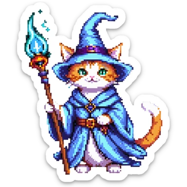 A cat wizard casting a spell with magical staff and flowing robes sticker