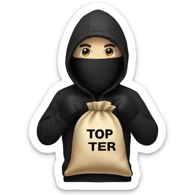 Thief wearing all black clothes actively stealing a beige money bag with the words Top Tier embroidered on it sticker