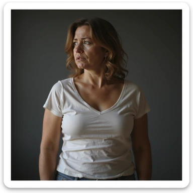 adult woman, photorealistic, unable to lose weight despite diet, distressed expression, looking at scale with disappointment, soft light, bathroom background sticker