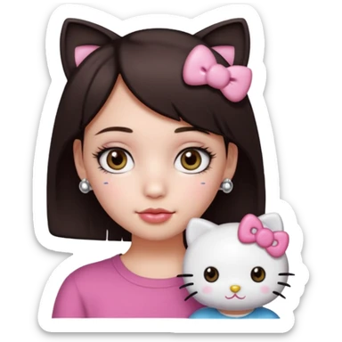 Chica con pelo corto y castaño oscuro, piel blanca, ojos hazel y pestañas largas, un piercing septum redondo pequeño y un filtro de hello kitty sticker