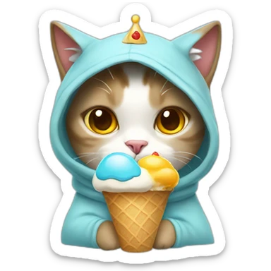 Cat wearing a hoodie having a crown on its head and holding an ice cream  sticker