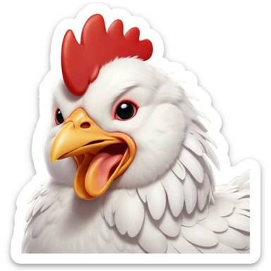 Cinematic Cute Yawning White Chicken Portrait Emoji, Head tilted slightly with a dramatic, wide-open yawn, showcasing a soft, fluffy white plumage with a crisp red comb and drooping wings, round beady eyes barely open in drowsy contentment, Simplified yet irresistibly adorable features, highly detailed, glowing with a soft, cozy glow, high shine, relaxed yet expressive, stylized with a touch of whimsy, bright and endearing, soft glowing outline, capturing the essence of a sleepy yet affectionate chicken, so drowsy it feels like it could stretch out of the screen and curl up for a nap! sticker