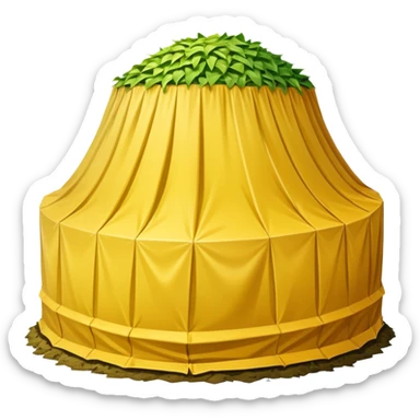 a mound of yellowish pressed silage, covered by plastic sheeting, but uncovered on one side sticker