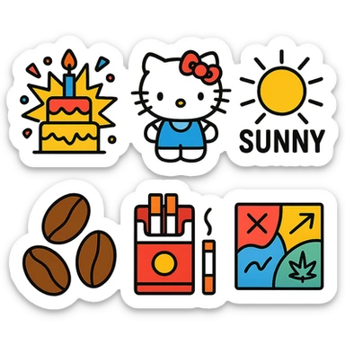 birthday explosion with Hello Kitty, Sunny in Philadelphia, coffee beans, cigarettes, cannabis, graffiti and collage elements sticker