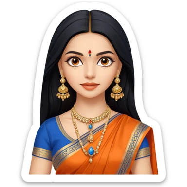 generate a pretty bratz Deepika Padukone with long black hair middle parted.
Wearing an orange saree with a blue blouse, golden jhumkas
 sticker