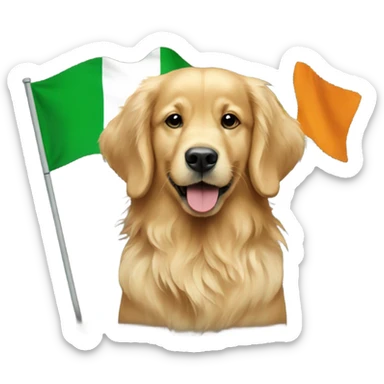 A golden retriever with a Ireland flag  sticker